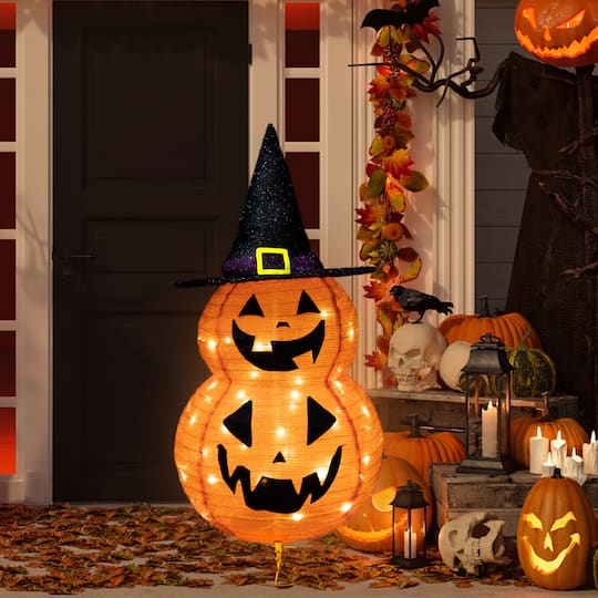 Northlight; 34" Jack-O'-Lanterns in Witch's Hat Outdoor Halloween Decoration; Category:Outdoor Halloween Decorations; Image:1